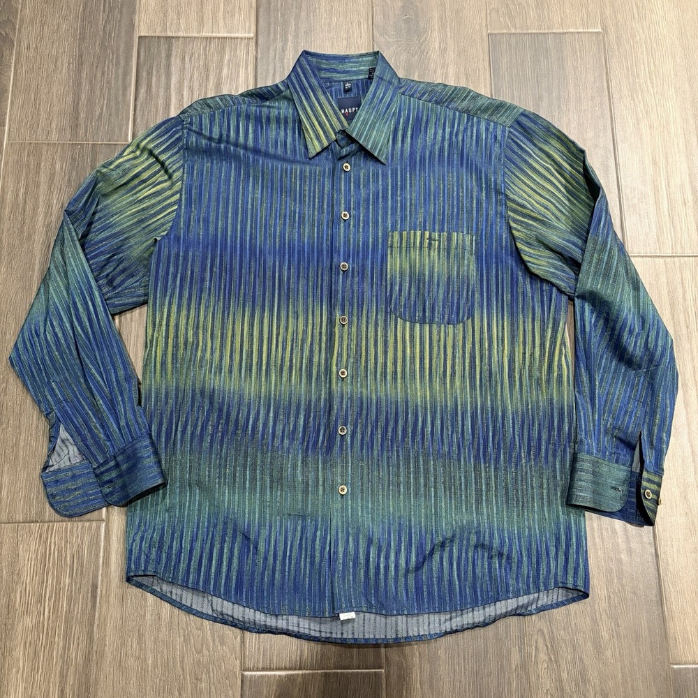 Haupt Germany Men's Size Large (41/42) Green Blue Ombre Button Front Dress Shirt